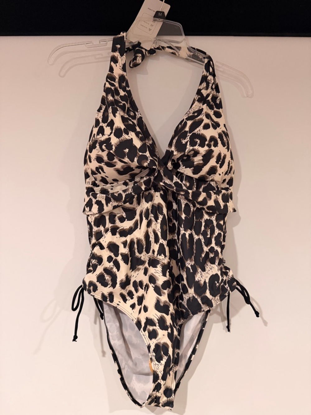 Black & Cream Leopard-Print Halter One-Piece Swimsuit